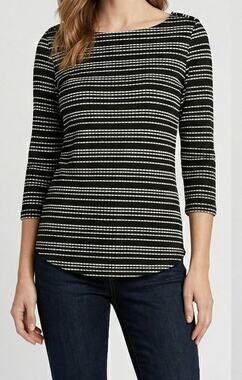 Lemon TART Small Top Black White Stripe 3/4 Sleeve Boat Neck